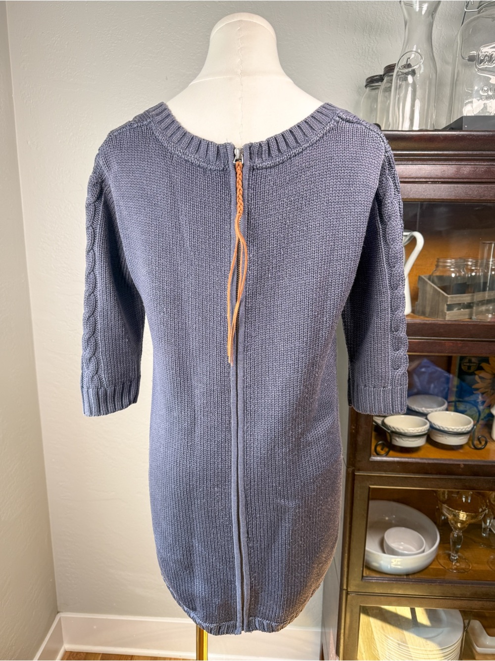 EMU 100% Merino Gray Wool Cable Knit Tunic Sweater Leather Tie Back Size S